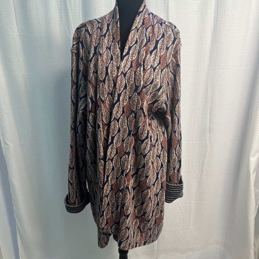 Coldwater Creek Womens XL Cotton Leaf Print Open Front Cardigan Jacket Navy Rust